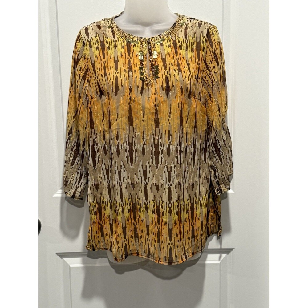 Jaclyn Smith Womens Yellow Brown Ikat Metallic Embellished Tunic Blouse Small S